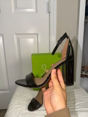 Sam Edelman Black Patent Block Heel Sandals with Ankle Strap